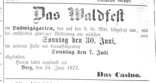 Verlegung des Waldfestes am Ludwig-Denkmal; in: Pfälzischer Kurier Ludwigshafen, 26.6.1872.


