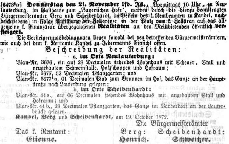 1872
Der Pfälzische Kurier vom 4.11.1872 veröffentlicht die Versteigerung des Zollamtes infolge Auflösung der Grenze