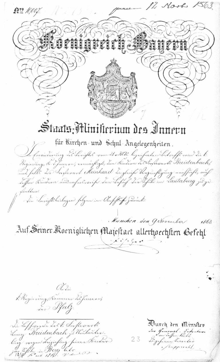 1863
Der König von Bayern genehmigt den Kindern der Forstwarte Breidenbach und Meinhard ausnahmsweise den Schulbesuch in Lauterburg