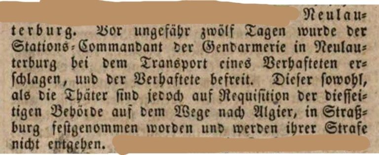 1845
Der Eilbote vom 10.5.1845 berichtet von der Ermordung des Stations-Commandanten während einer Gefangenenbefreiung