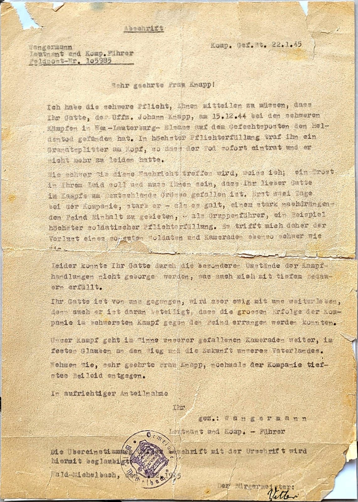 Todesnachricht vom 22.01.1945 an die Witwe von Unteroffizier Johann Knapp