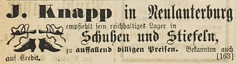 1879
In der Pfälzer Zeitung vom 27.1.1879 preist ein Neulauterburger Händler günstige Schuhe und Stiefel an
