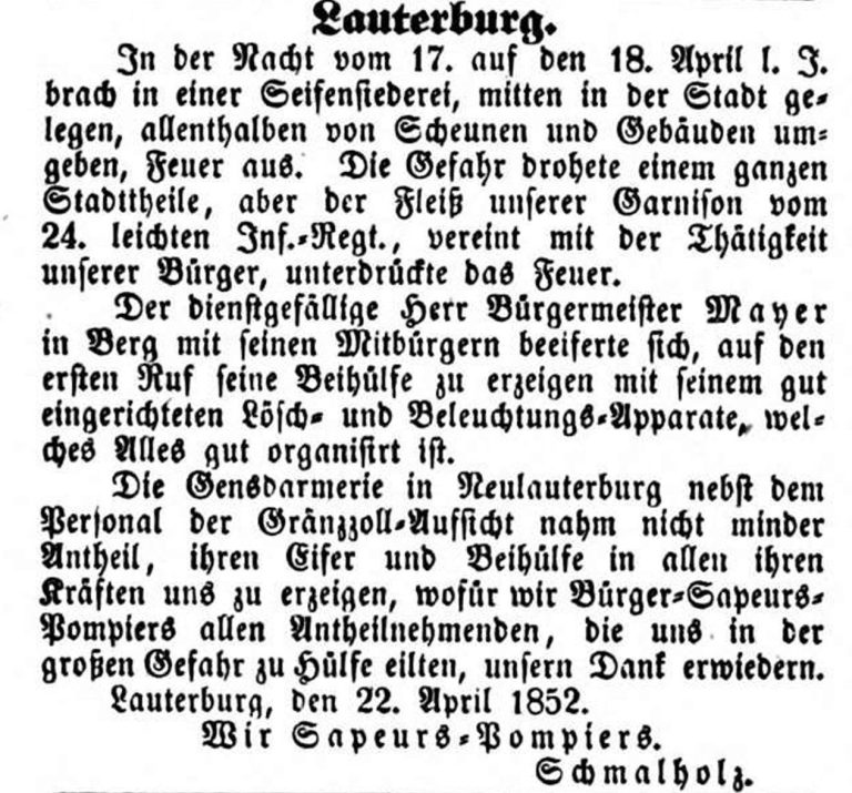 1852
Im Landauer Eilboten vom 29.4.1852 bedankt sich die Lauterburger Feuerwehr für die Unterstützung durch die Berger Wehr